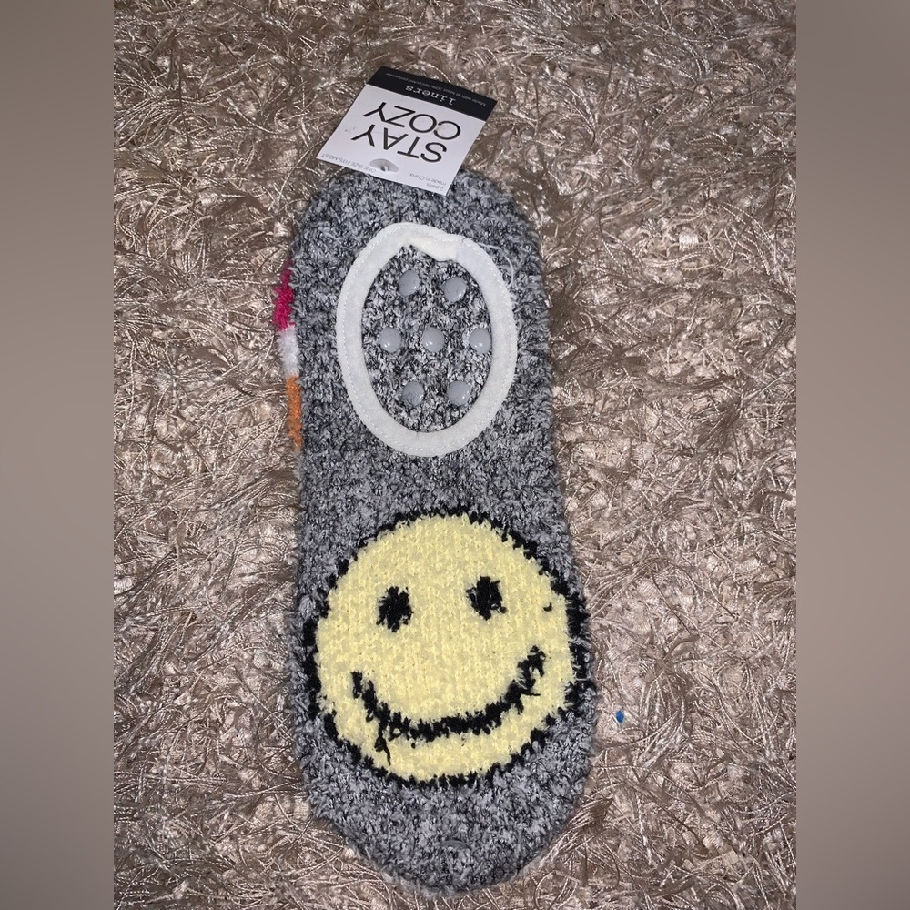 Gray and Yellow Smiley Face Slipper Socks NWT